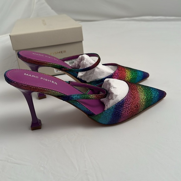 Marc Fisher Hadais 2 multicolor glitzy metallic rainbow mule heels - Picture 3 of 10